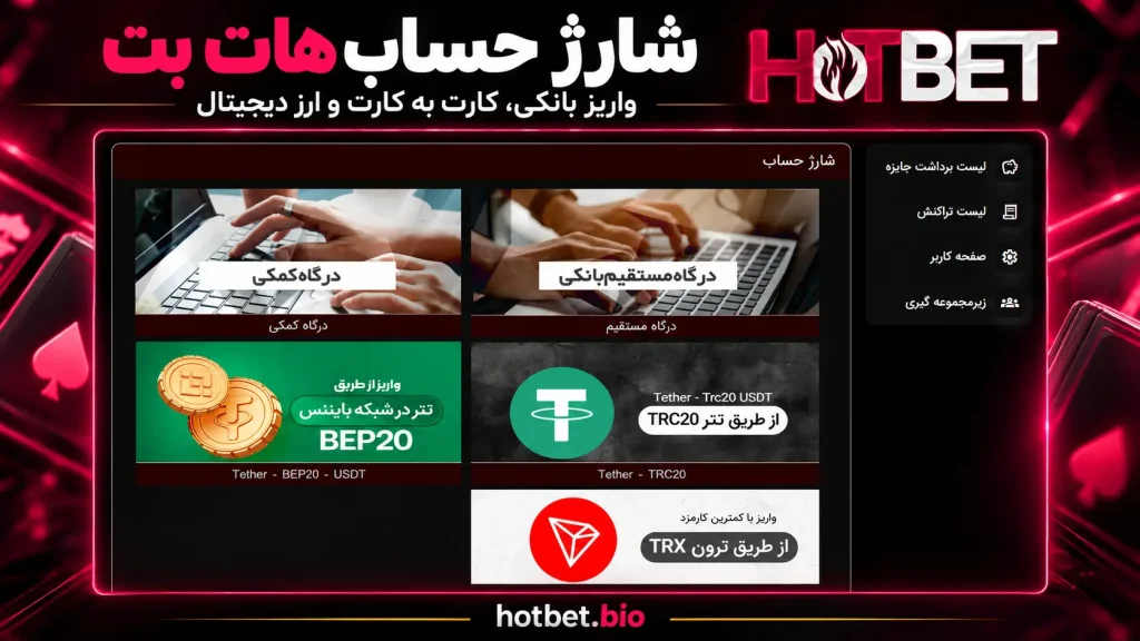 شارژ حساب هات بت؛ واریز بانکی، کارت به کارت و ارز دیجیتال